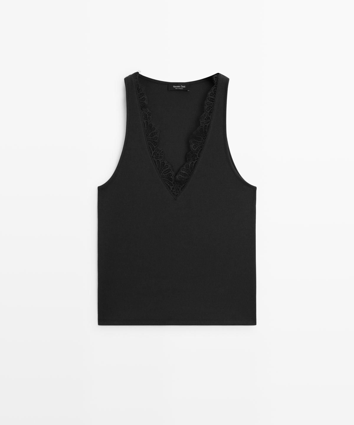 마시모두띠(MASSIMO DUTTI) 레이스 디테일 브이넥 탑