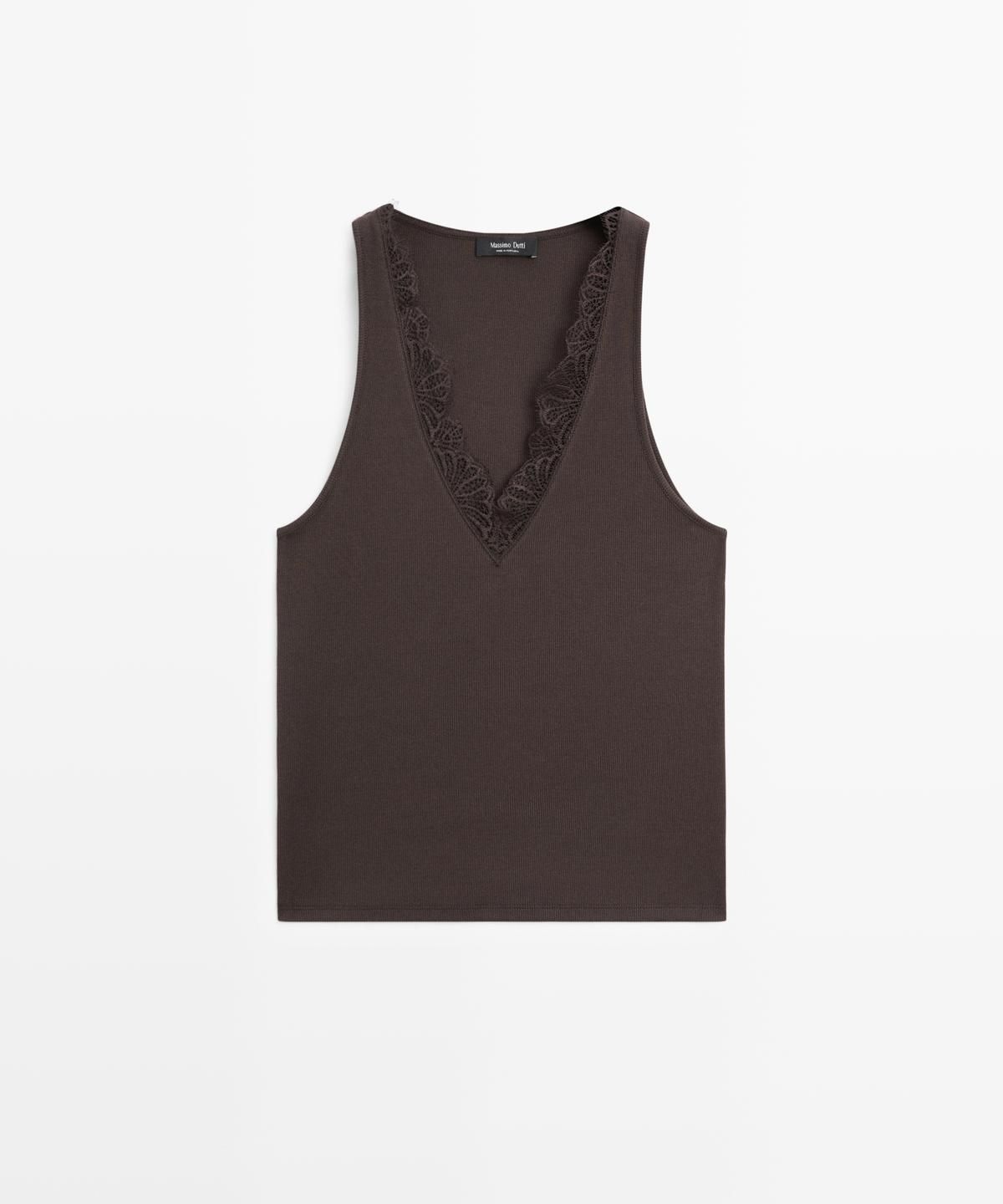 마시모두띠(MASSIMO DUTTI) 레이스 디테일 브이넥 탑