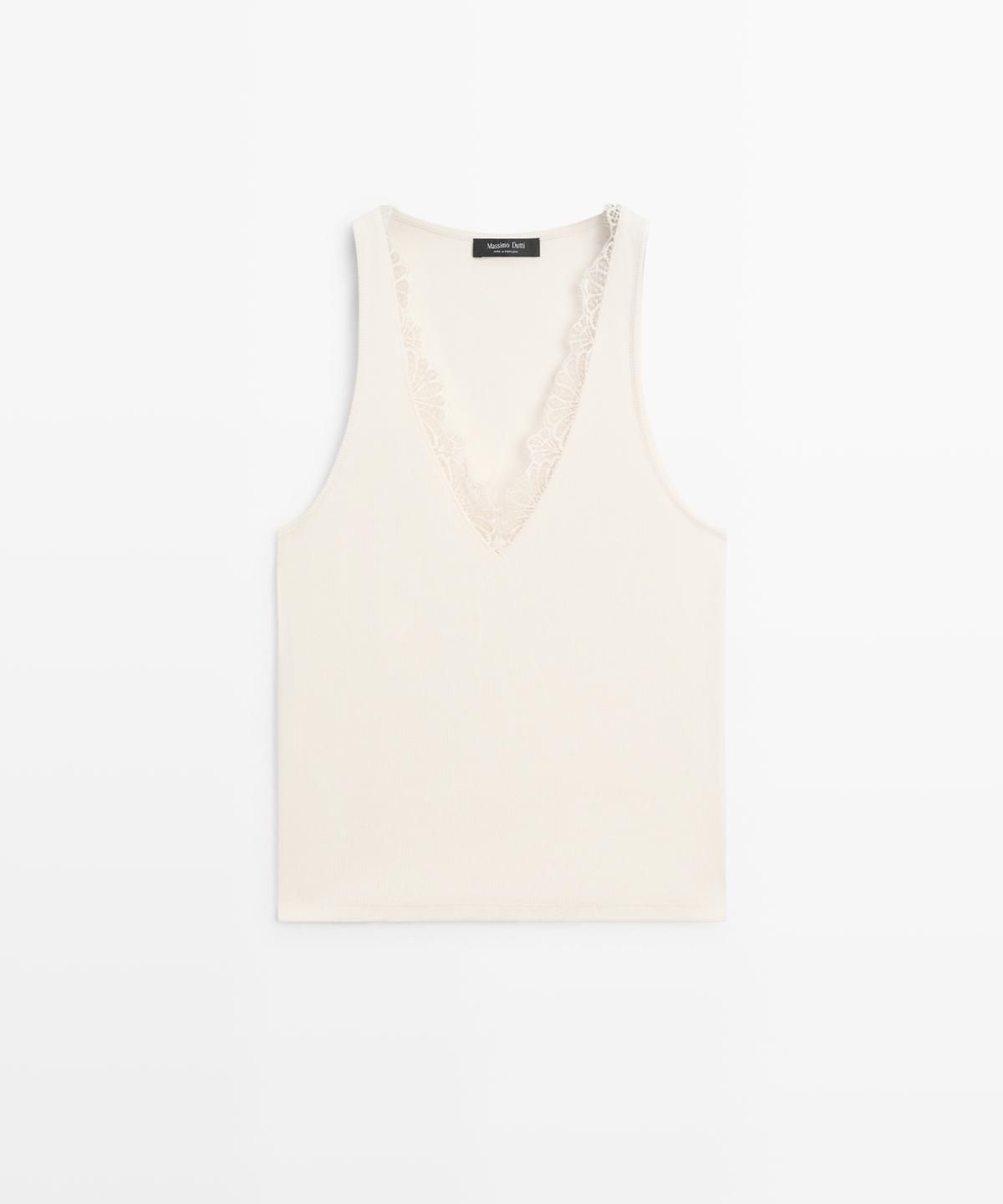마시모두띠(MASSIMO DUTTI) 레이스 디테일 브이넥 탑