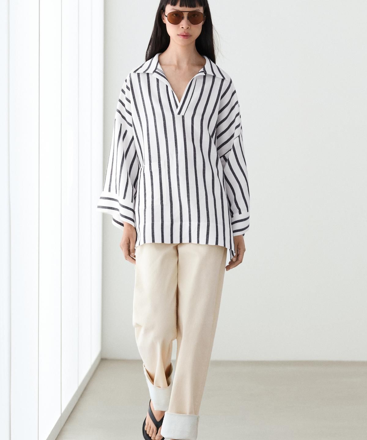 마시모두띠(MASSIMO DUTTI) 오버사이즈 스트라이프 리넨 블렌드 셔츠