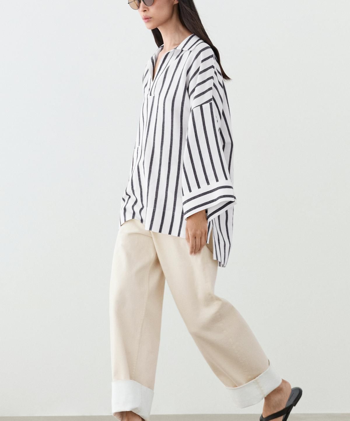 마시모두띠(MASSIMO DUTTI) 오버사이즈 스트라이프 리넨 블렌드 셔츠