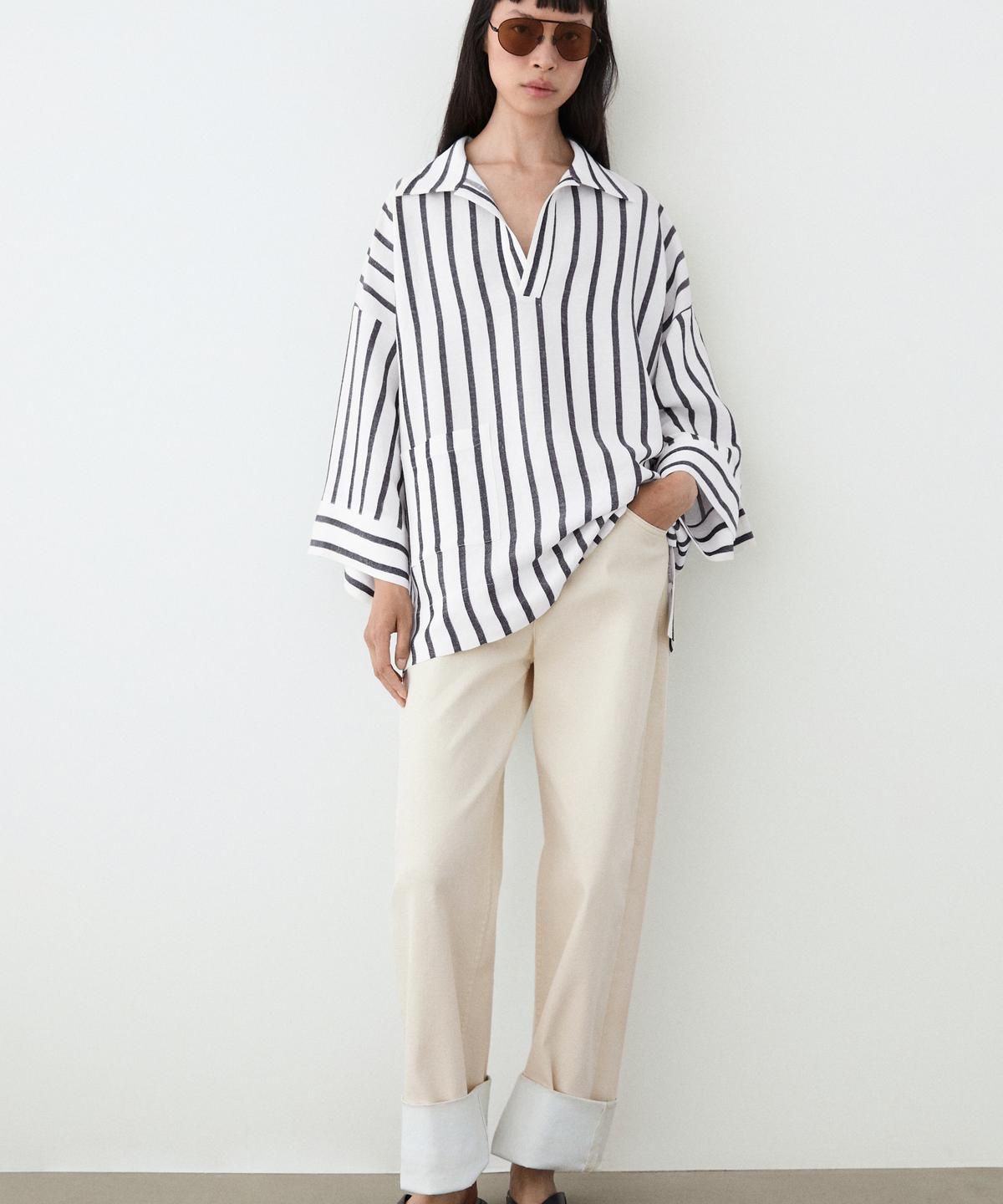 마시모두띠(MASSIMO DUTTI) 오버사이즈 스트라이프 리넨 블렌드 셔츠