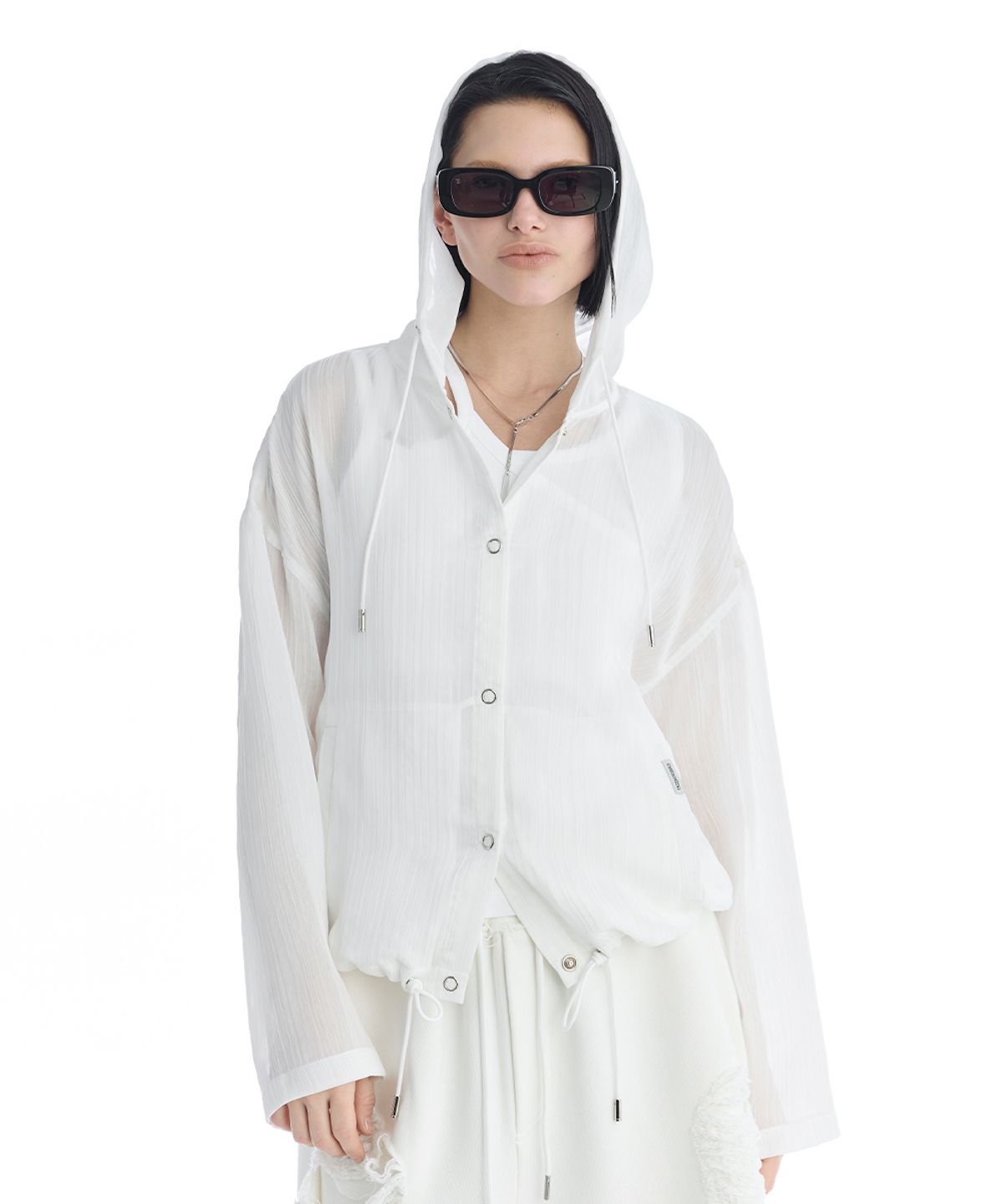 트리밍버드(TREEMINGBIRD) Sheer Hooded Snap Jacket [ White ]
