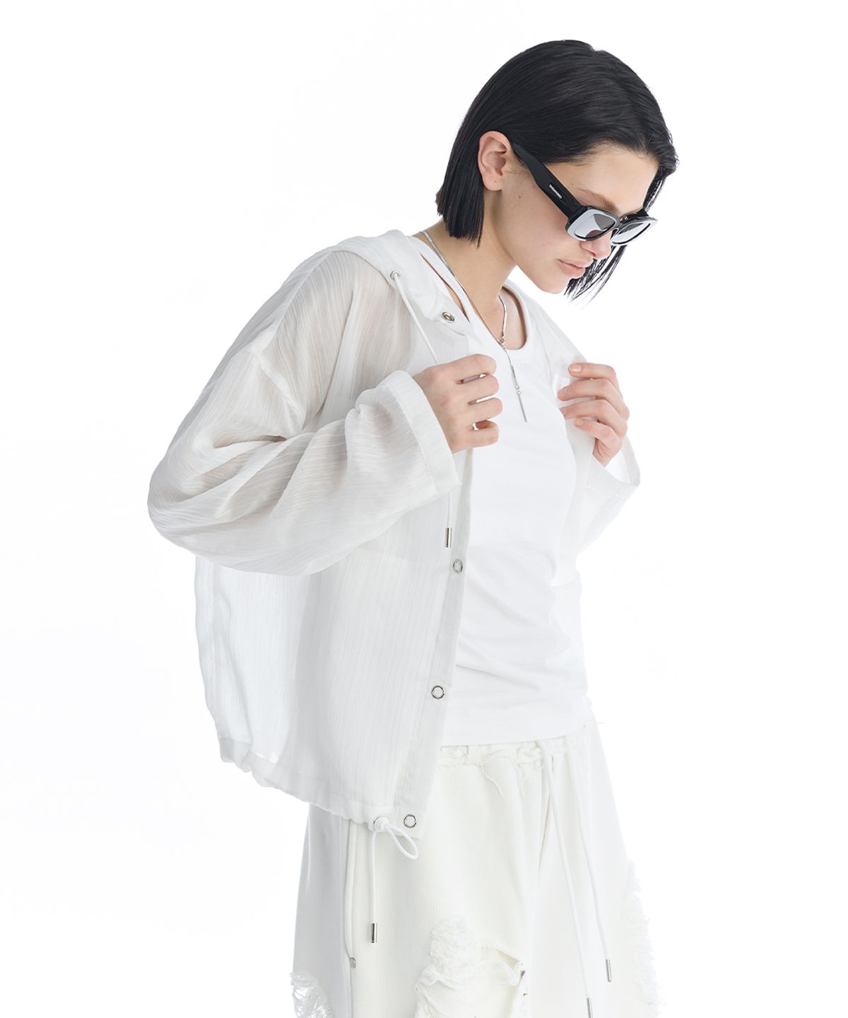 트리밍버드(TREEMINGBIRD) Sheer Hooded Snap Jacket [ White ]