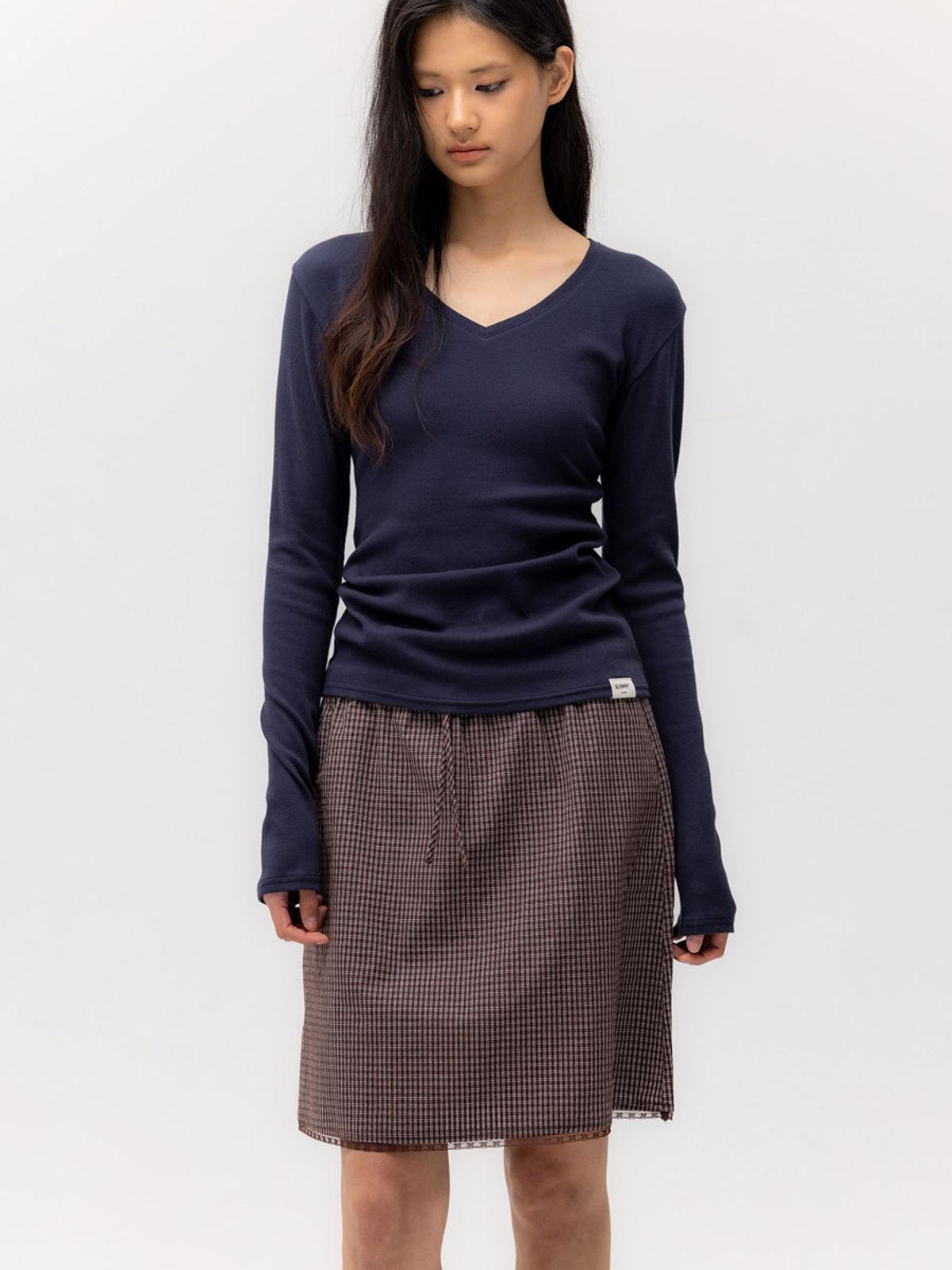 글로니(GLOWNY) G CLASSIC V-NECK RIB LONG SLEEVE (NAVY)