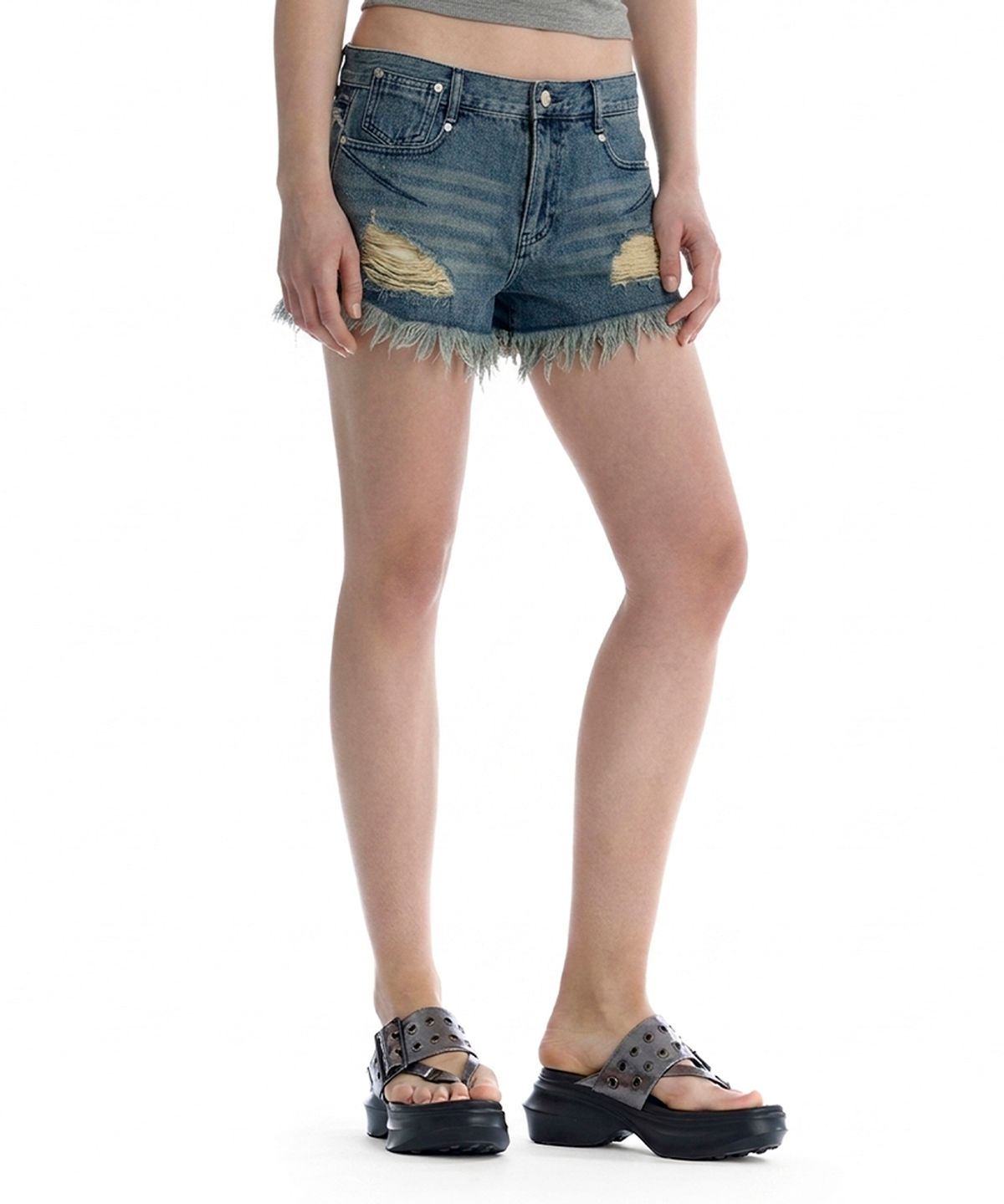 트리밍버드(TREEMINGBIRD) Distressed Denim Cut-Off Shorts [ Blue ]