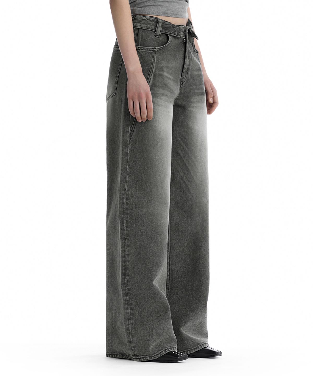 트리밍버드(TREEMINGBIRD) Folded Waistband Low-Rise Denim Pants [ Gray ]