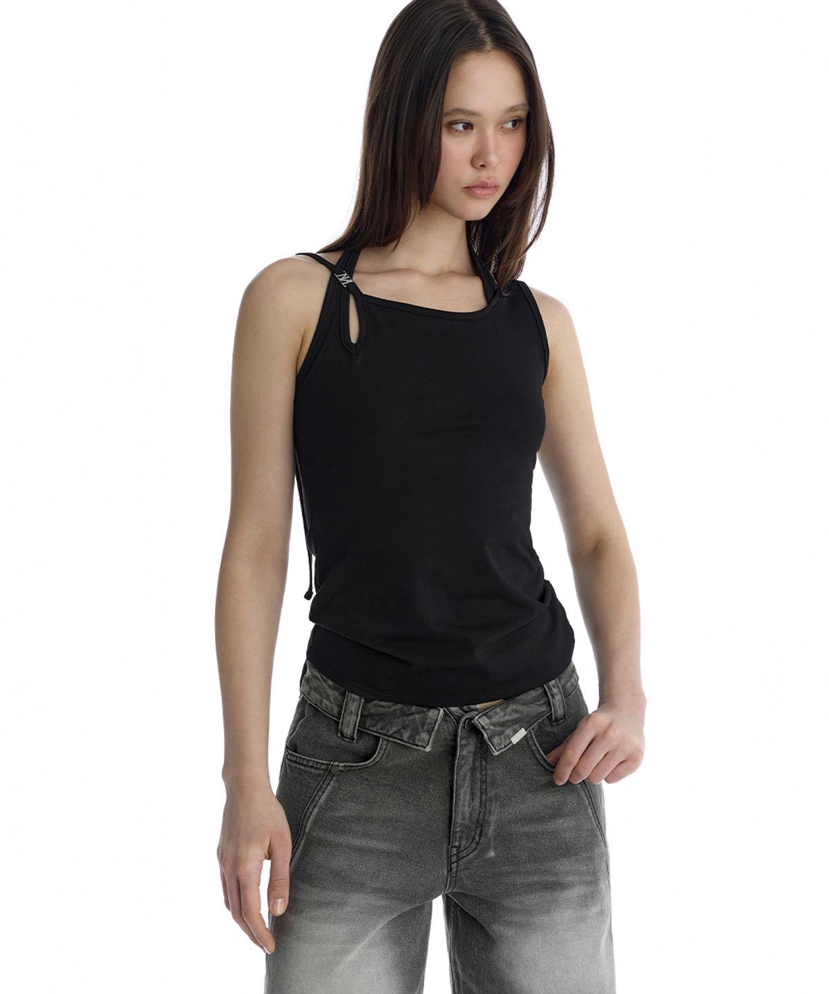 트리밍버드(TREEMINGBIRD) Layered Draped Halter Neck Tank Top [ Black ]
