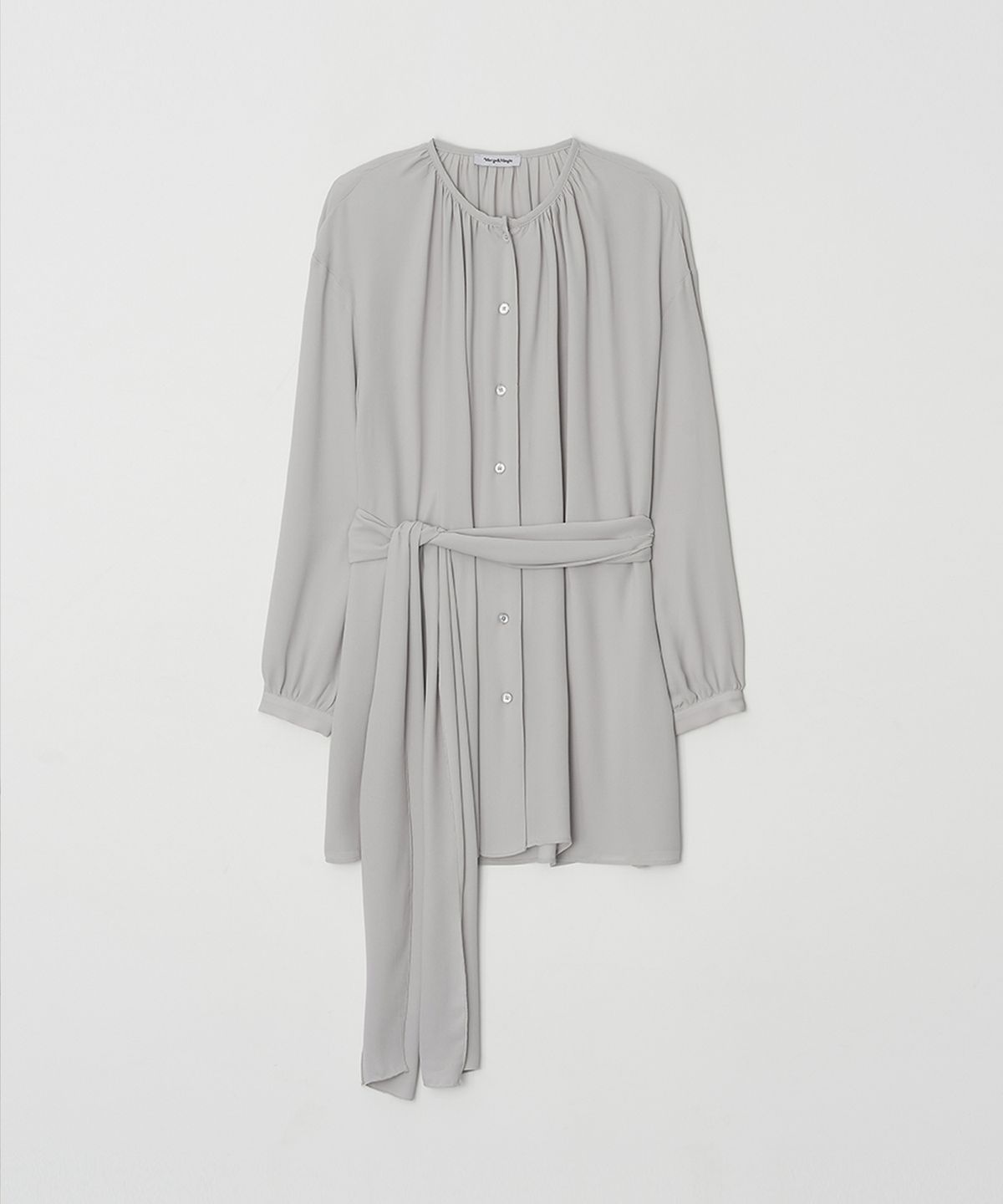 머지앤밍글(MERGE&MINGLE) Halo Neck Shirring Belt Chiffon Blouse (Mint Gray)
