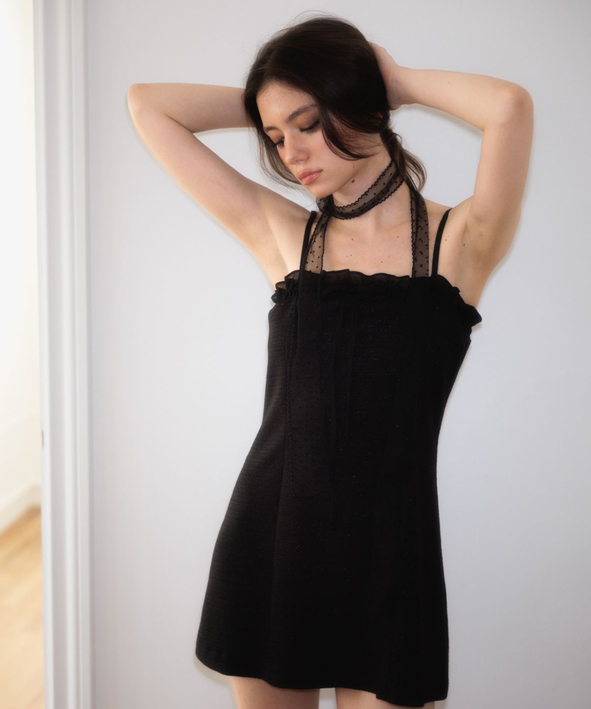 로제프란츠(ROSEFRANTZ) Tweed Ribbon Tie Mini Dress [Black]
