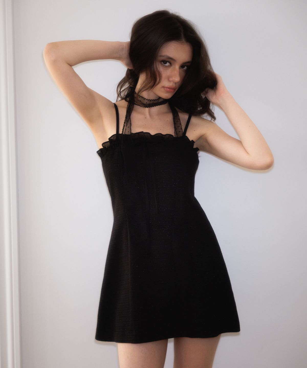 로제프란츠(ROSEFRANTZ) Tweed Ribbon Tie Mini Dress [Black]