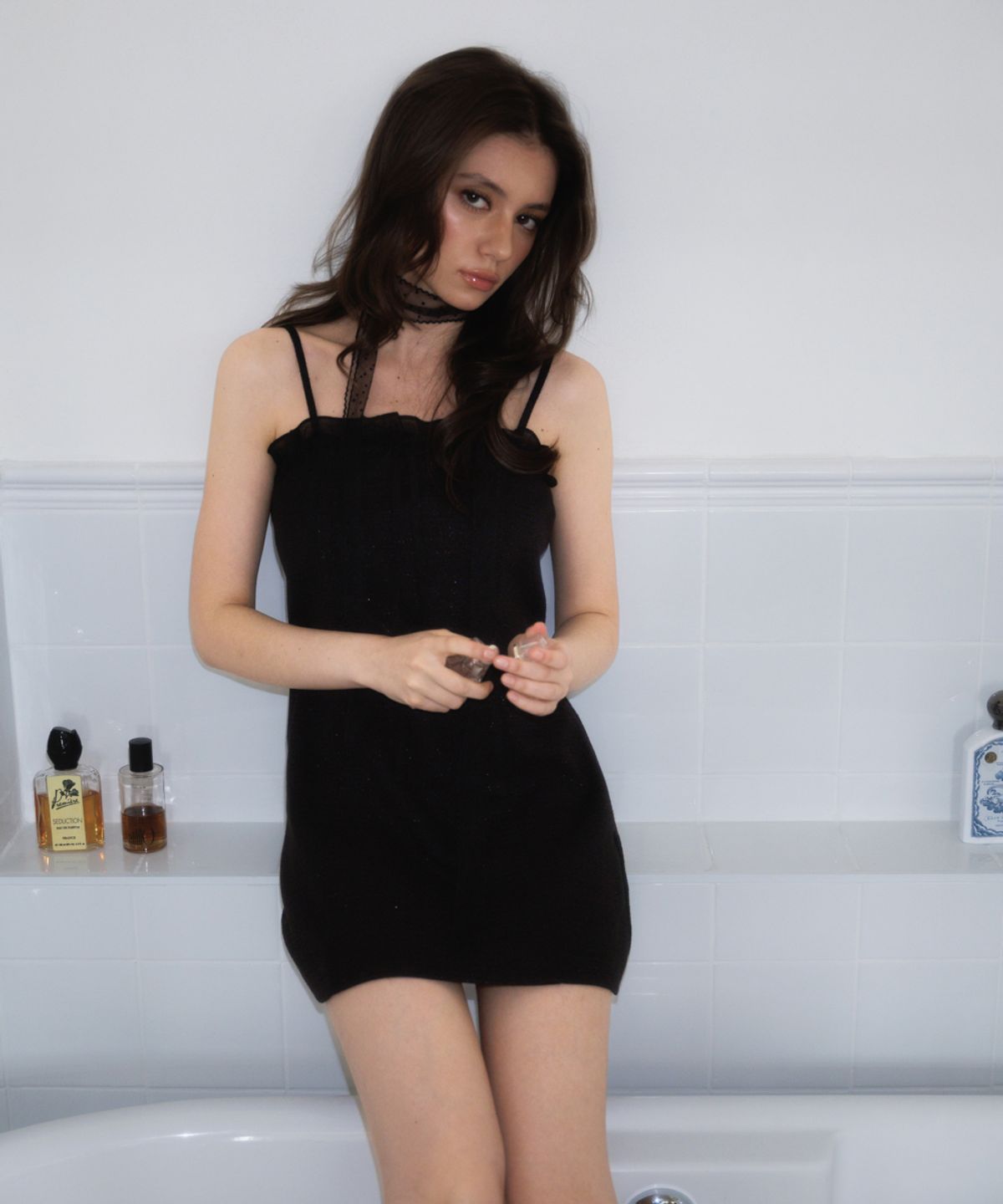 로제프란츠(ROSEFRANTZ) Tweed Ribbon Tie Mini Dress [Black]