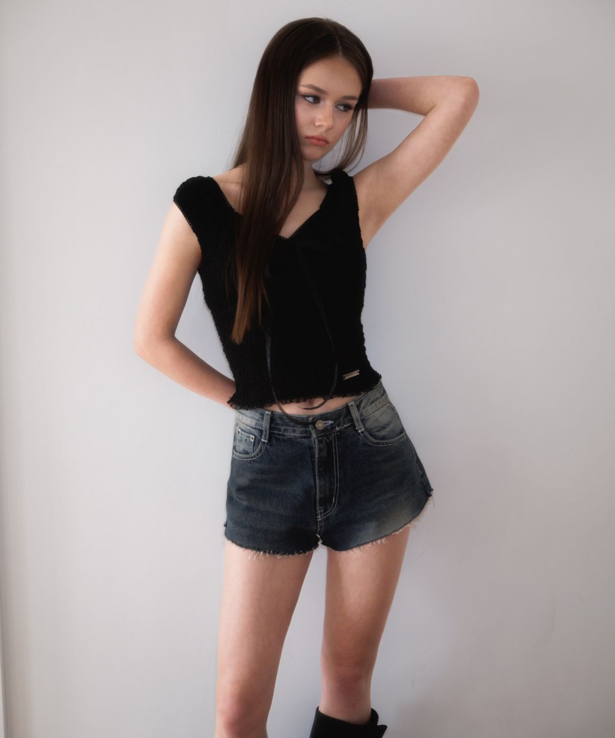 로제프란츠(ROSEFRANTZ) Chiffon Ribbon Crinkle Sleeveless [Black]