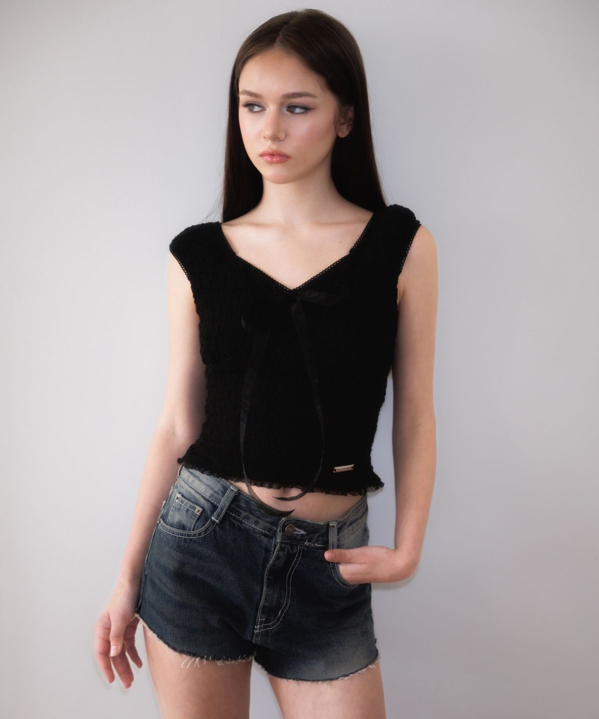 로제프란츠(ROSEFRANTZ) Chiffon Ribbon Crinkle Sleeveless [Black]