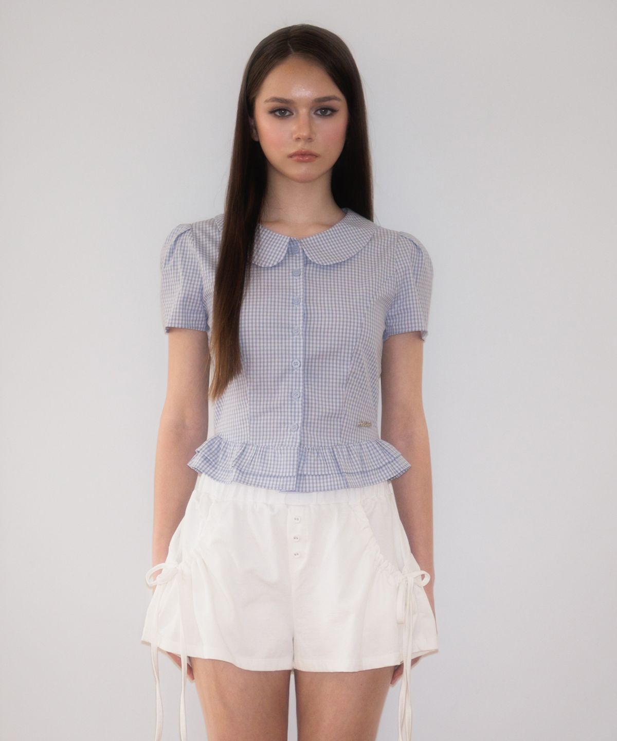 로제프란츠(ROSEFRANTZ) Puff Sleeve Peplum Check Blouse [Sky Blue]
