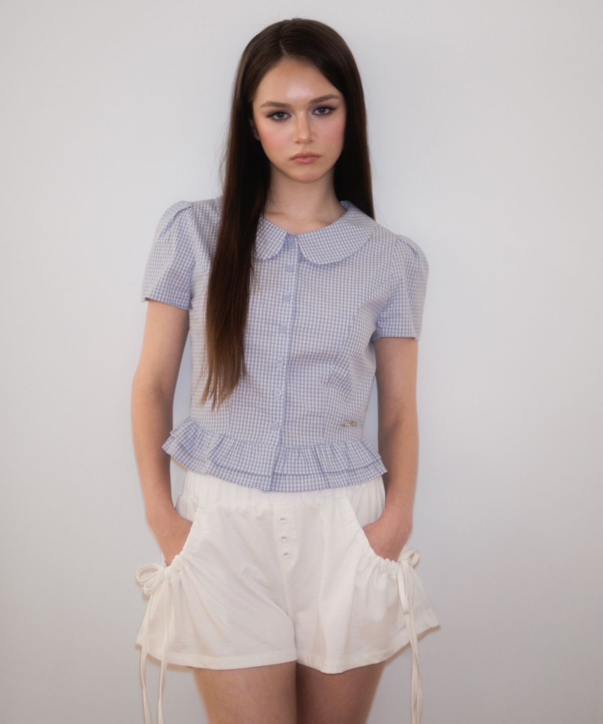 로제프란츠(ROSEFRANTZ) Puff Sleeve Peplum Check Blouse [Sky Blue]