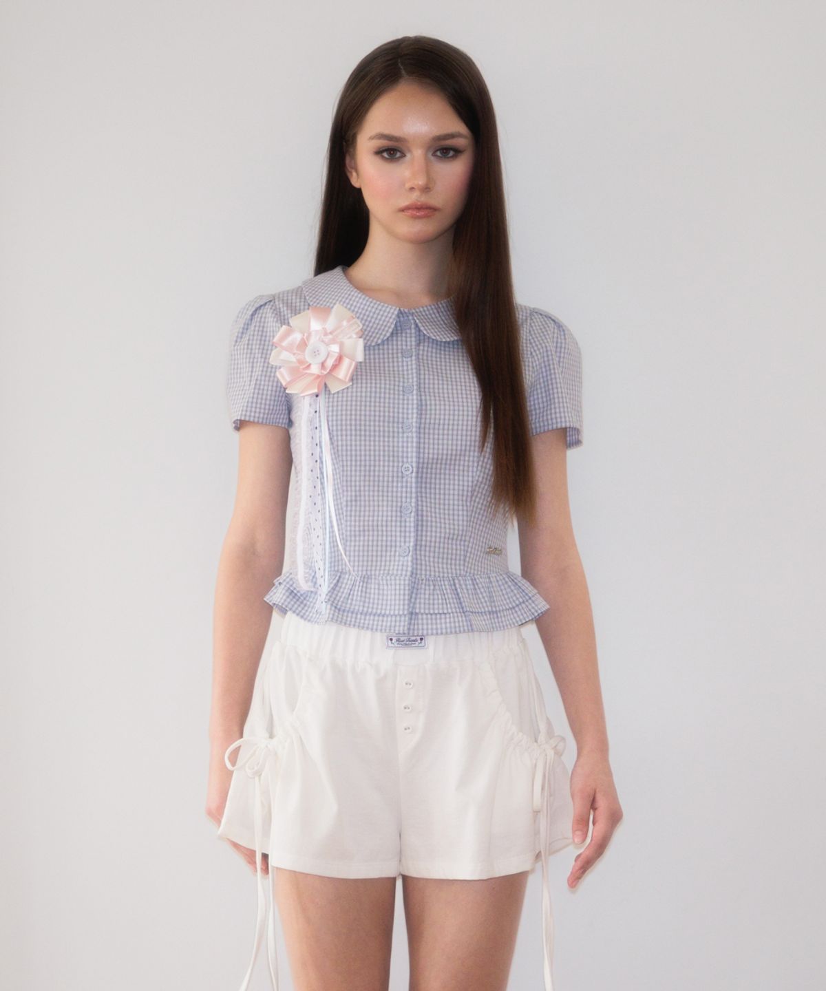 로제프란츠(ROSEFRANTZ) Puff Sleeve Peplum Check Blouse [Sky Blue]