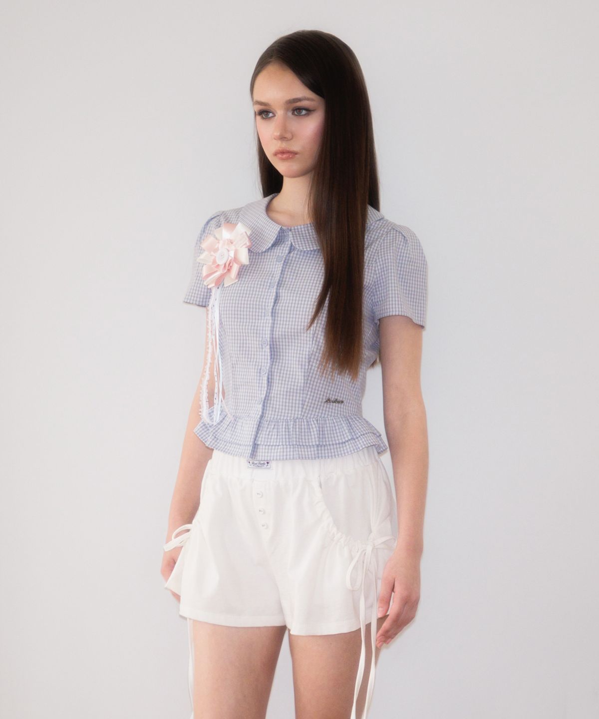 로제프란츠(ROSEFRANTZ) Puff Sleeve Peplum Check Blouse [Sky Blue]