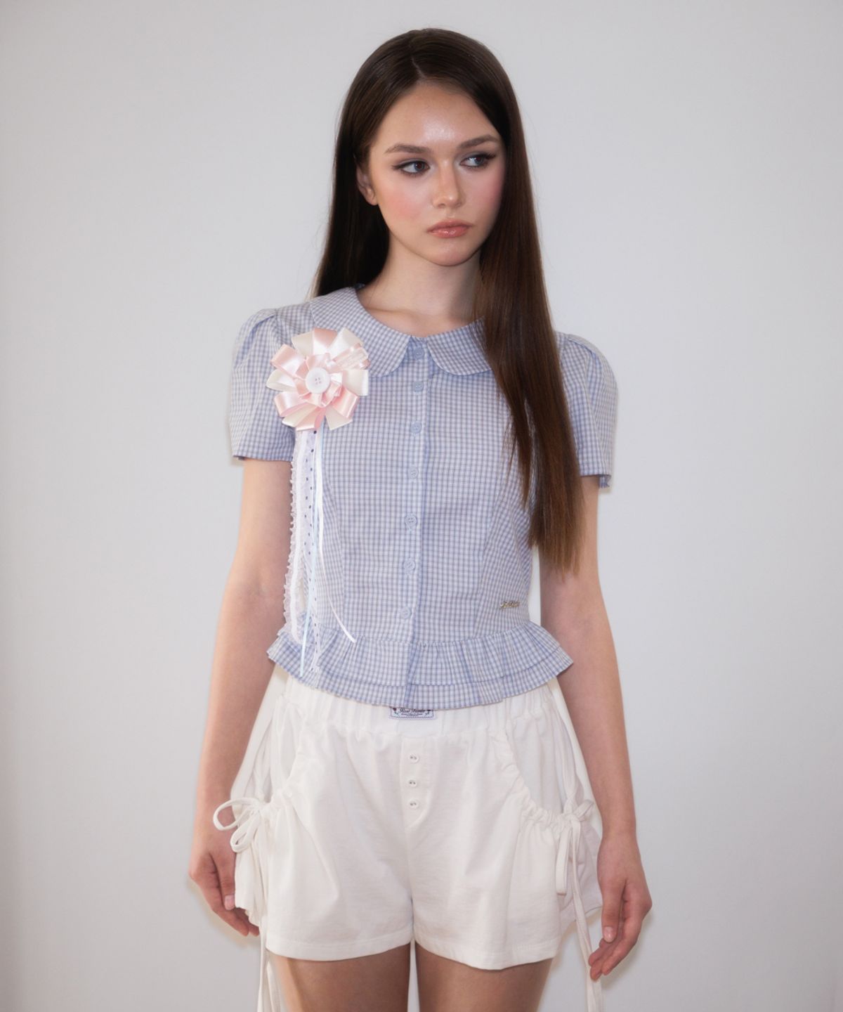 로제프란츠(ROSEFRANTZ) Puff Sleeve Peplum Check Blouse [Sky Blue]
