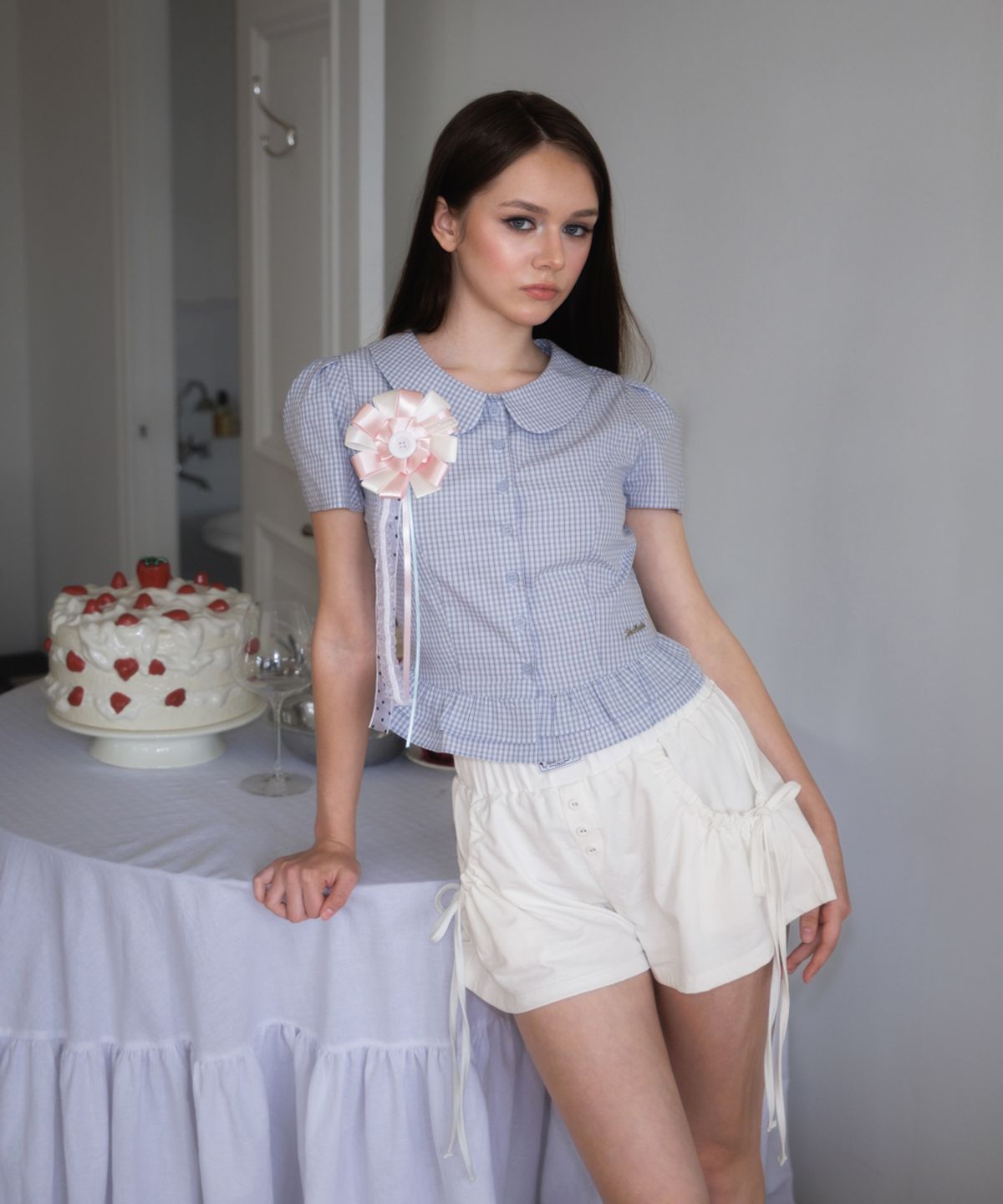 로제프란츠(ROSEFRANTZ) Puff Sleeve Peplum Check Blouse [Sky Blue]