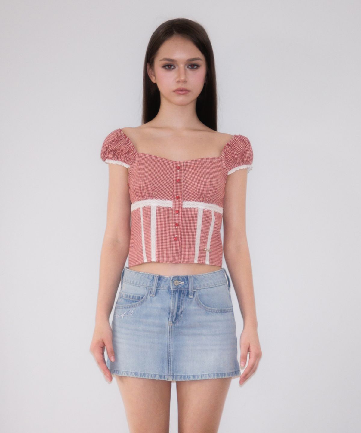 로제프란츠(ROSEFRANTZ) Check Shirring Crop Blouse [Red]