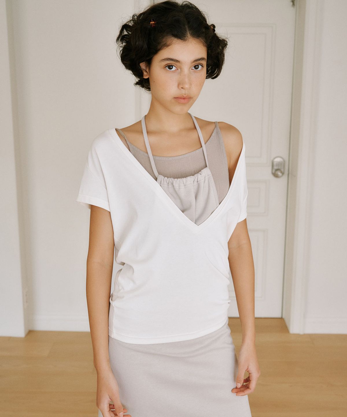 아우로(OURO) TIE UP LAYERED JERSEY ONE PIECE DRESS [ MOSS ]