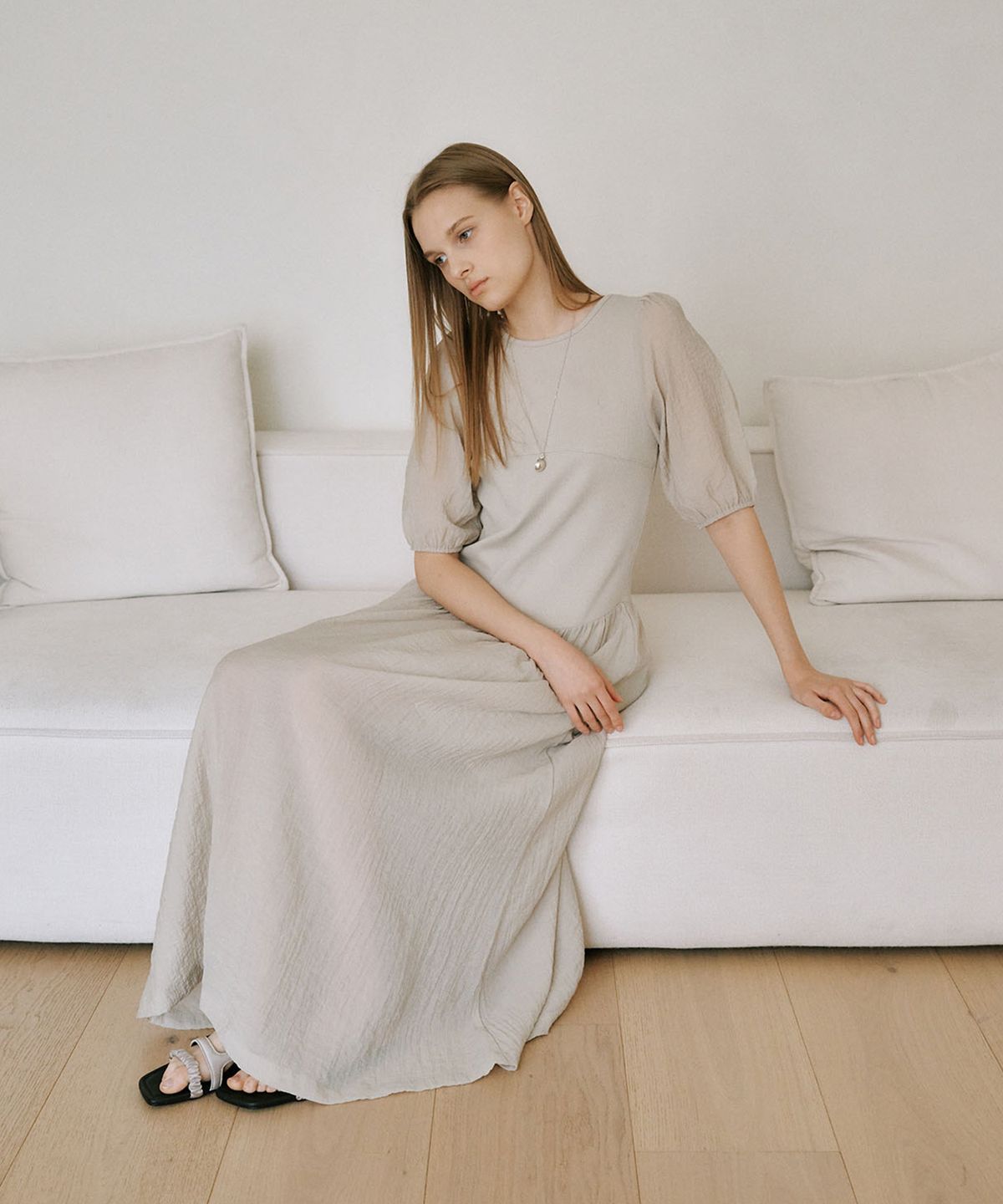 아우로(OURO) SHEER JERSEY LONG DRESS [ BEIGE ]