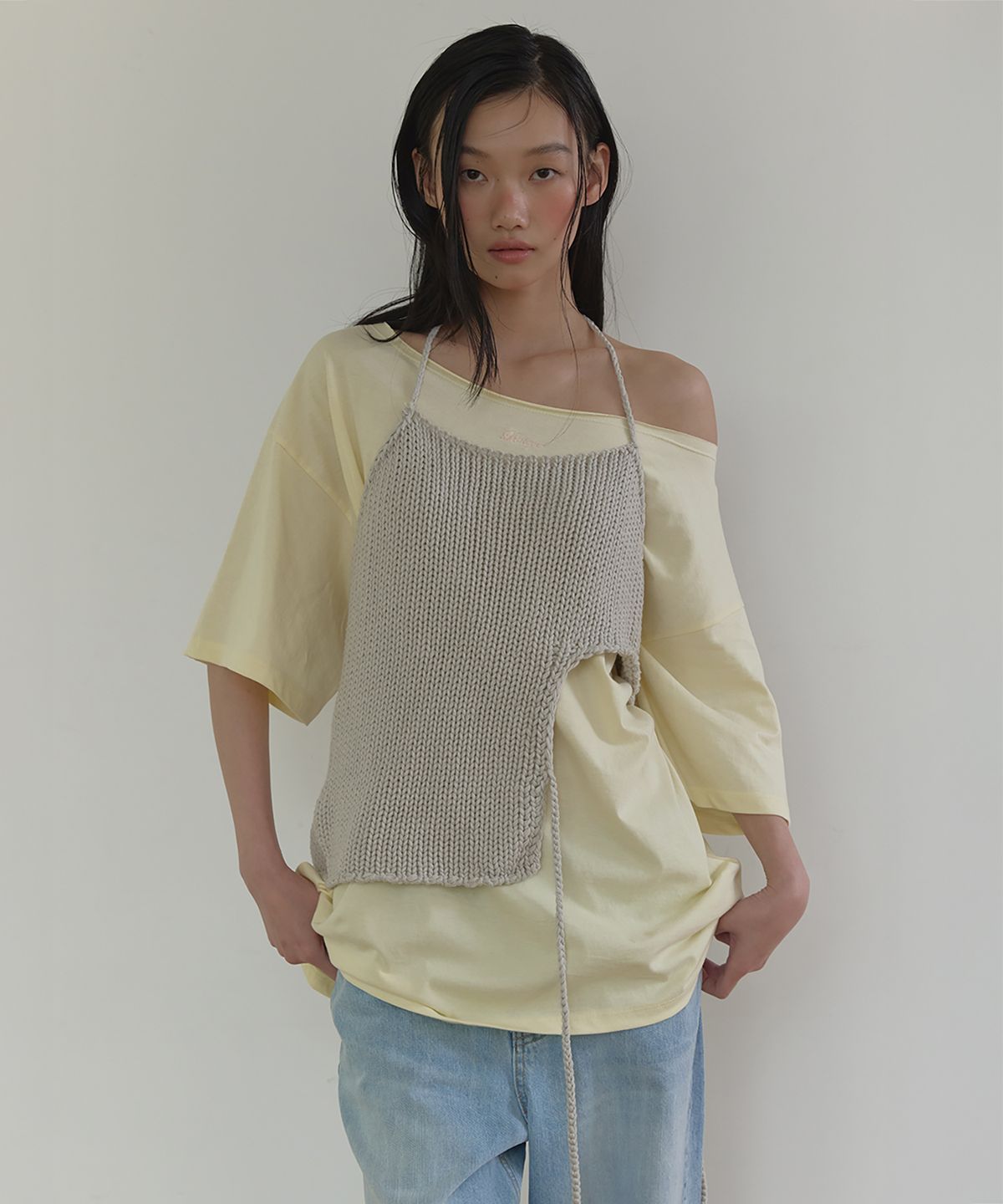 론크(LONQUE) TIE-UP STRING KNIT TOP (GRAY)