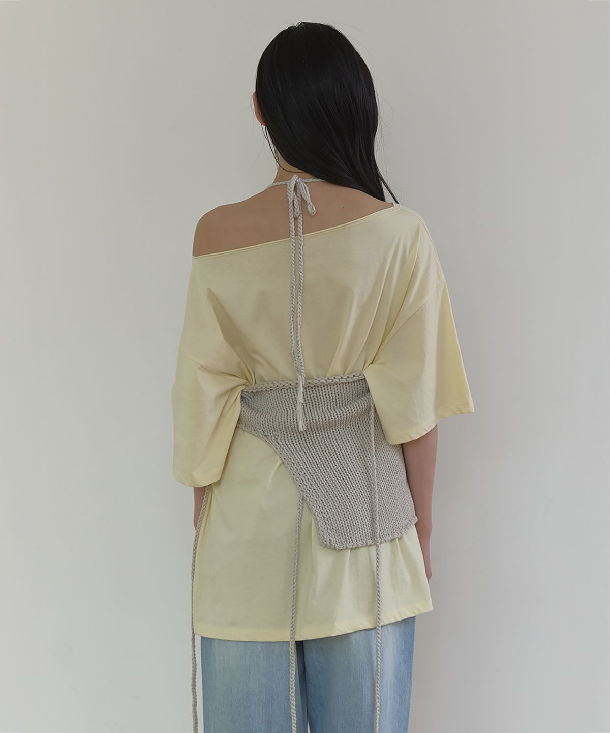 론크(LONQUE) TIE-UP STRING KNIT TOP (GRAY)