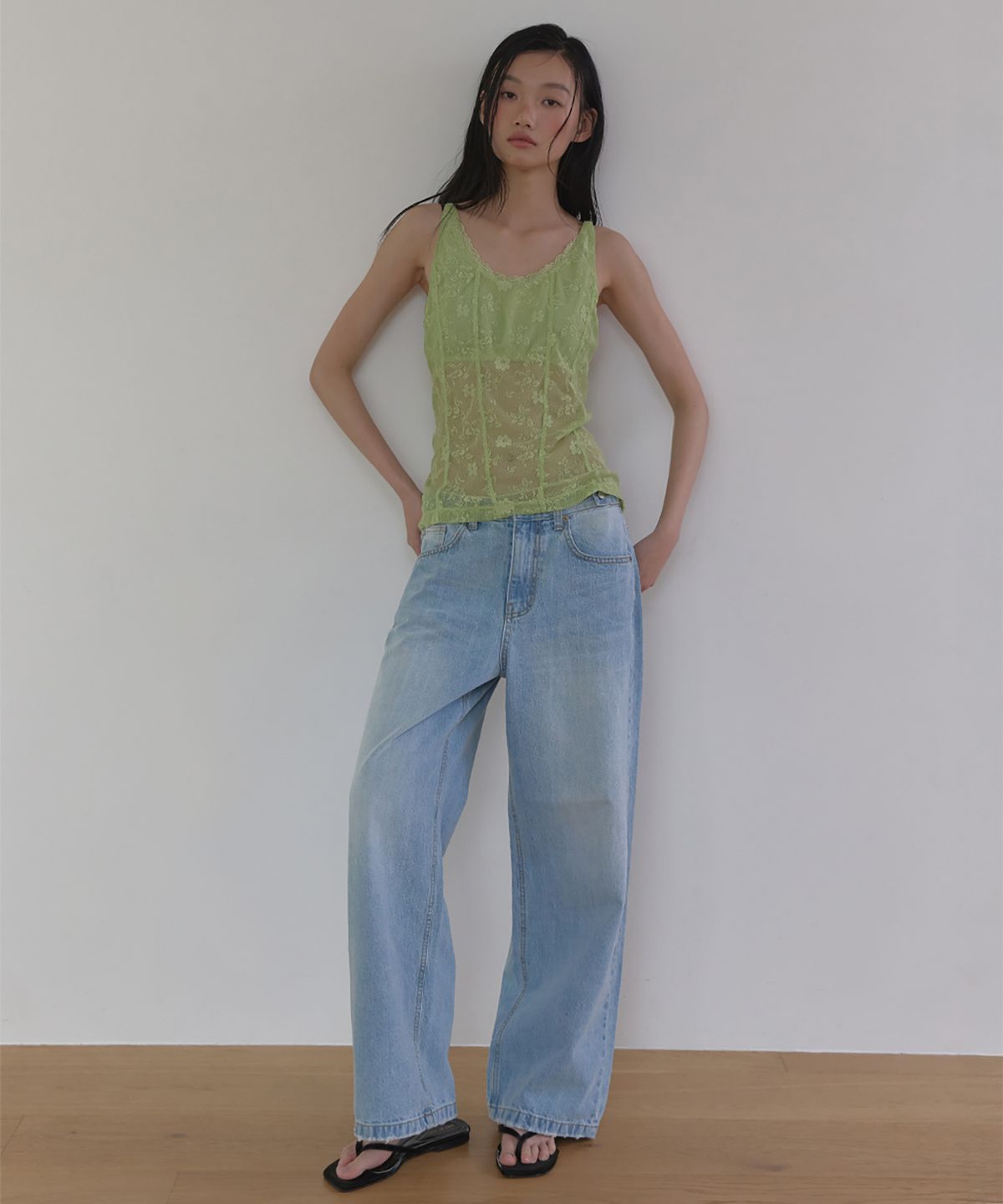 론크(LONQUE) WIDE FIT WASHED DENIM PANTS (LIGHT BLUE)