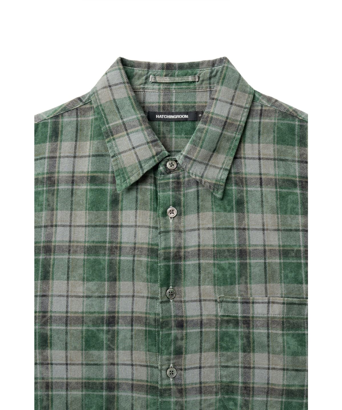 해칭룸(HATCHINGROOM) Arrow Shirt Over Dyed Bleached Check Green