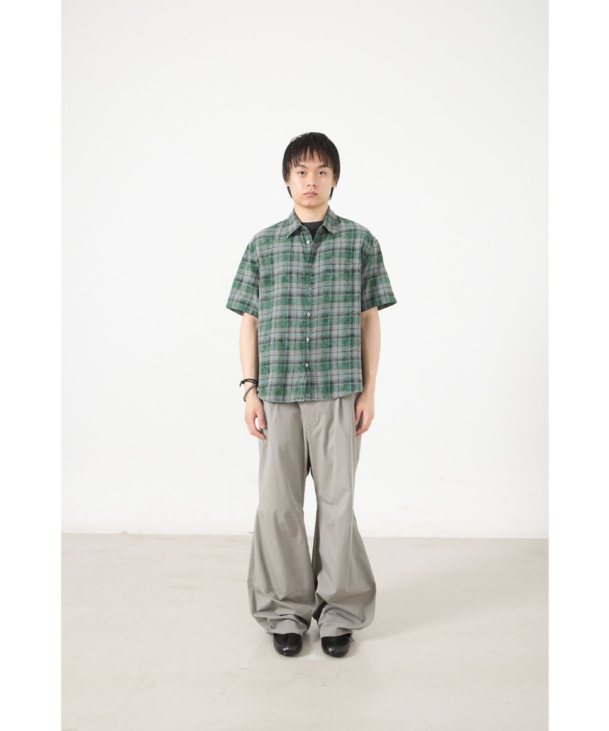 해칭룸(HATCHINGROOM) Arrow Shirt Over Dyed Bleached Check Green