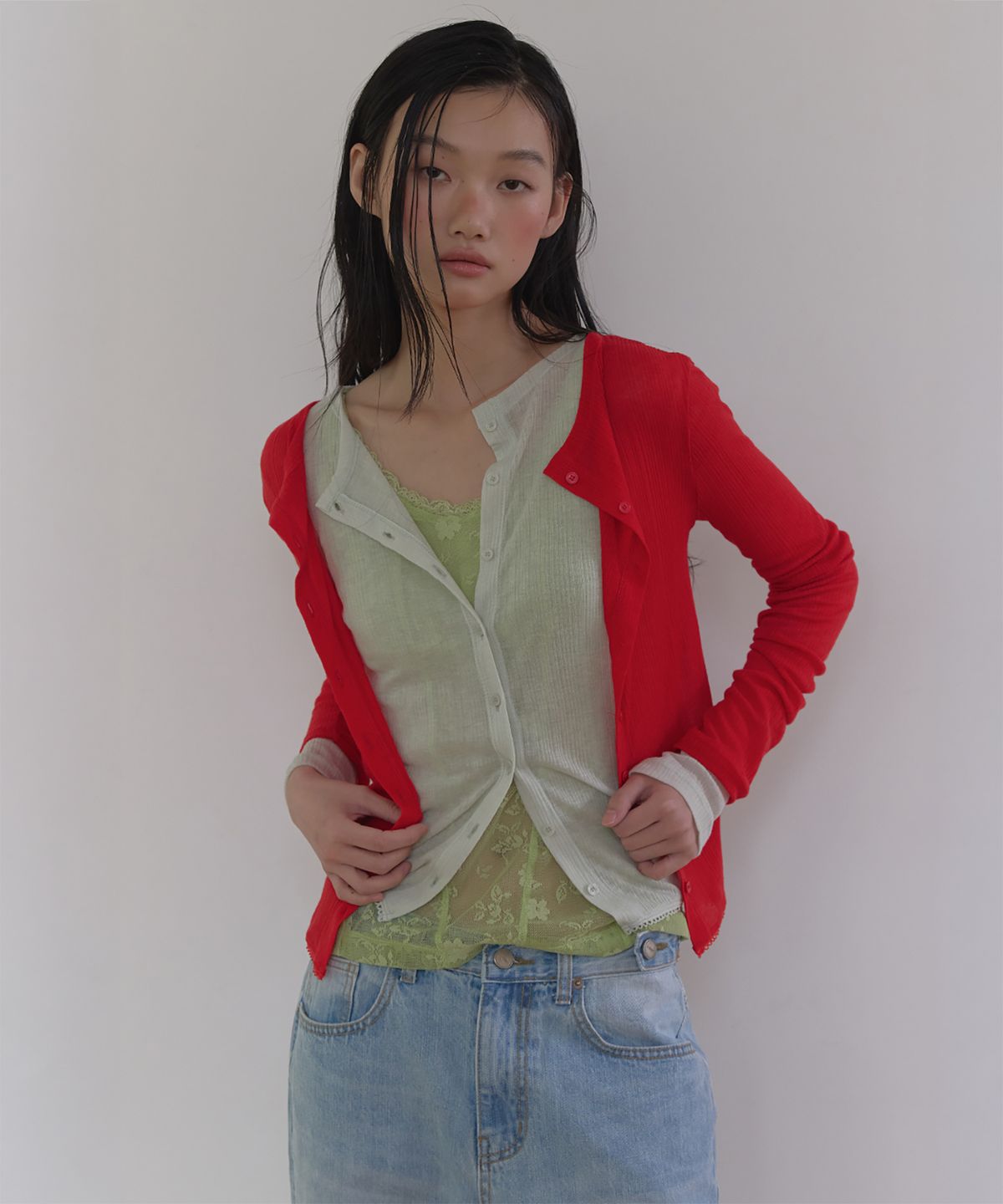 론크(LONQUE) SHEER LACE SLEEVELESS CAMI TOP (LIME)