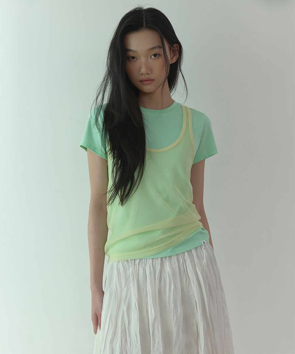 론크(LONQUE) SHEER U-NECK LAYERED SLEEVELESS TOP (YELLOW)