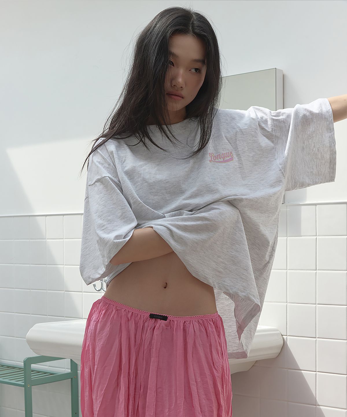 론크(LONQUE) VACATION HALF SLEEVE OVERSIZED T-SHIRT (WHITE MELANGE)