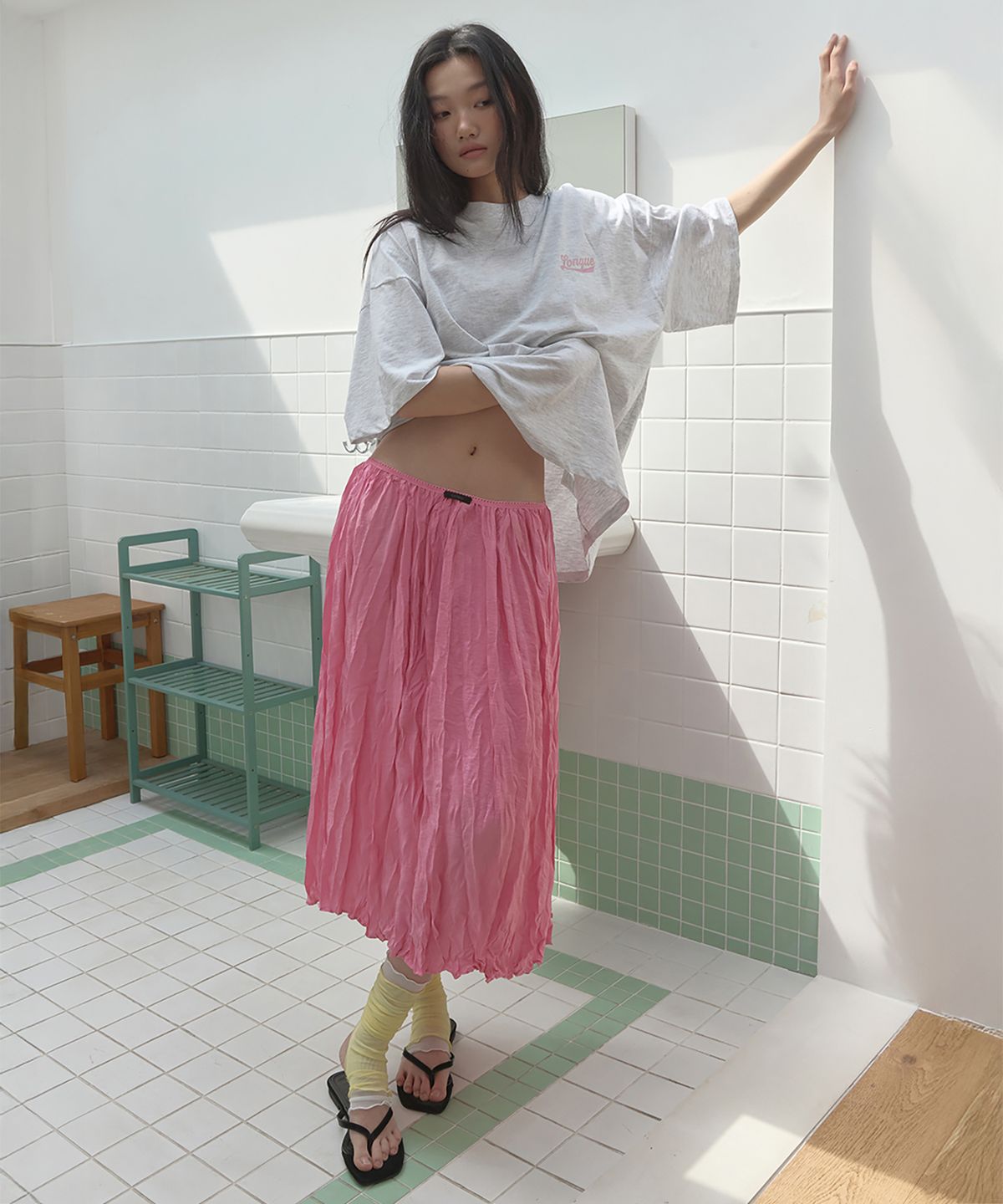 론크(LONQUE) VACATION HALF SLEEVE OVERSIZED T-SHIRT (WHITE MELANGE)