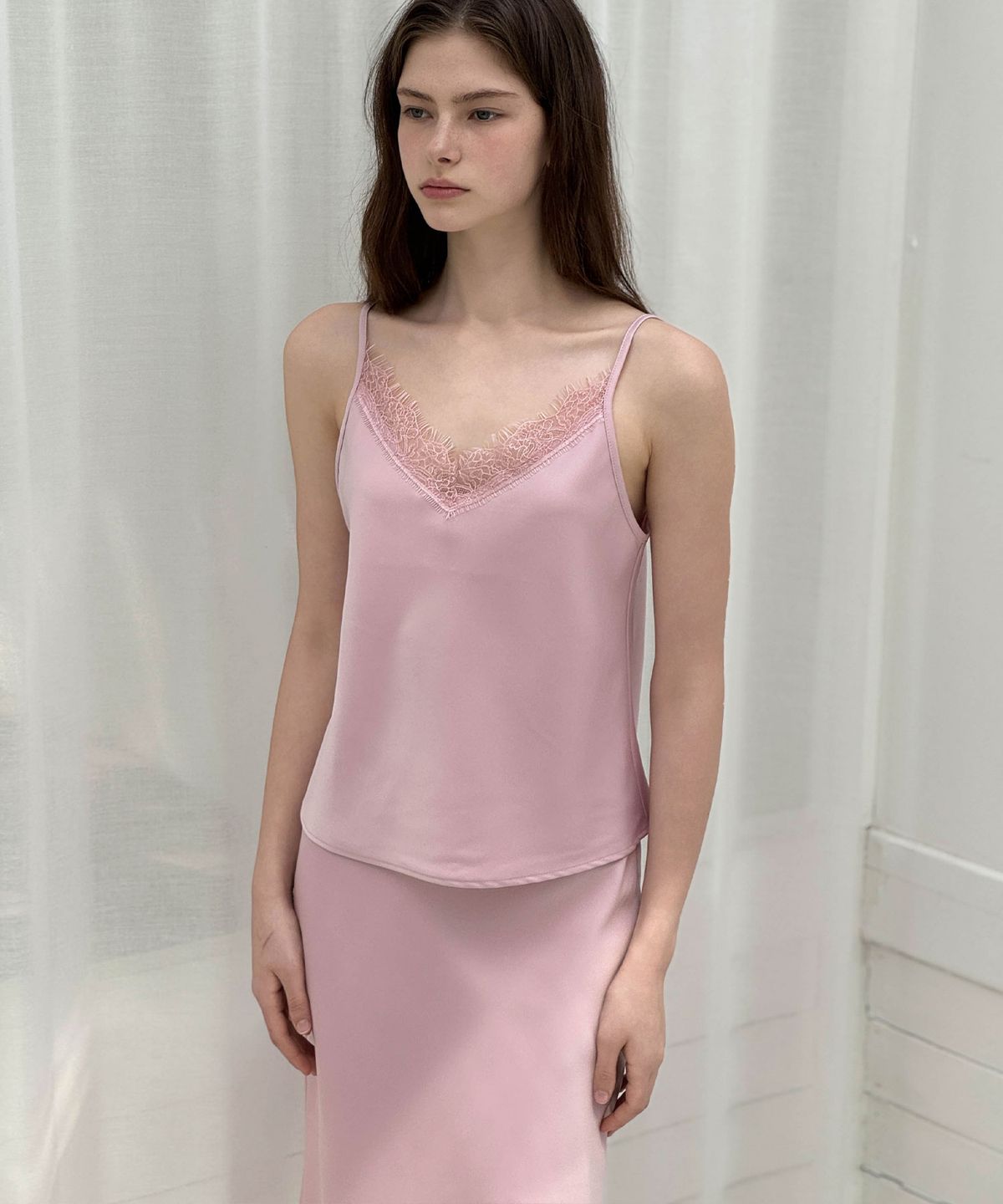 로트르드민(LAUTREDE MIN) Lautre Lace Satin flare Pink skirt
