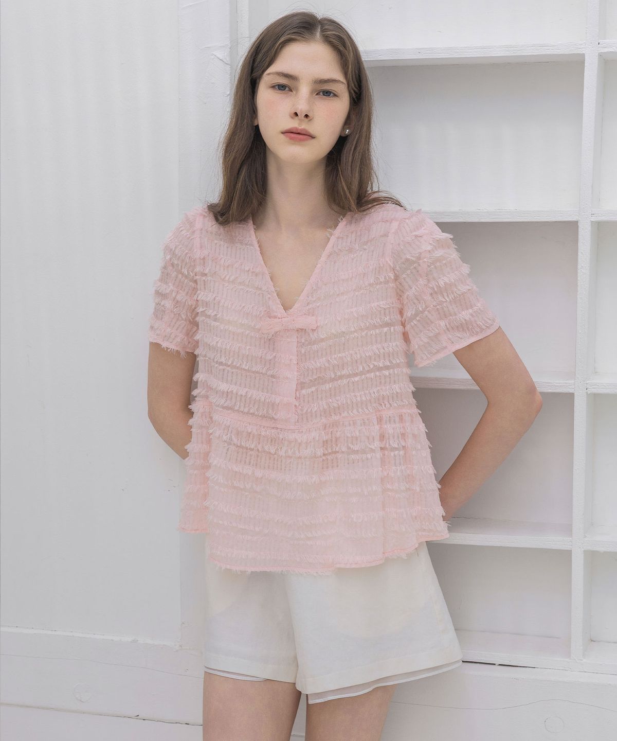 로트르드민(LAUTREDE MIN) Lautre Ette Ribbon pink blouse