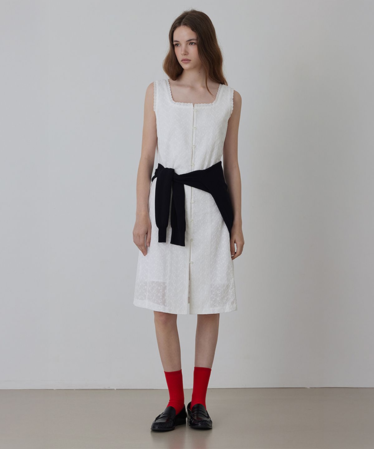 퀸스래빗(Q'SRB) Pure Cotton Lace-Trimmed Eyelet Midi Dress