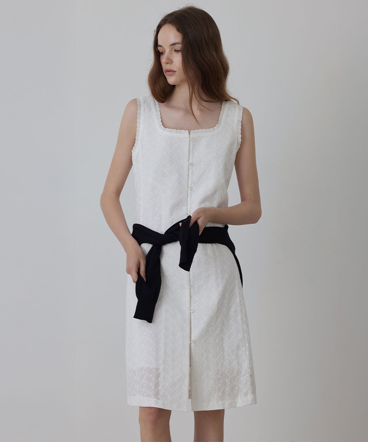 퀸스래빗(Q'SRB) Pure Cotton Lace-Trimmed Eyelet Midi Dress