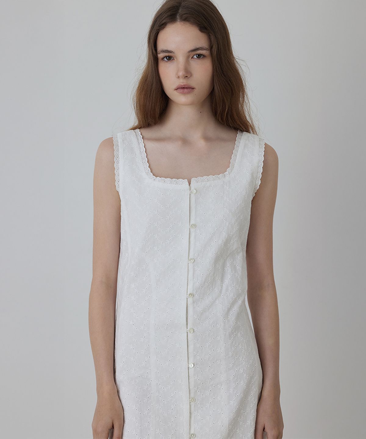 퀸스래빗(Q'SRB) Pure Cotton Lace-Trimmed Eyelet Midi Dress
