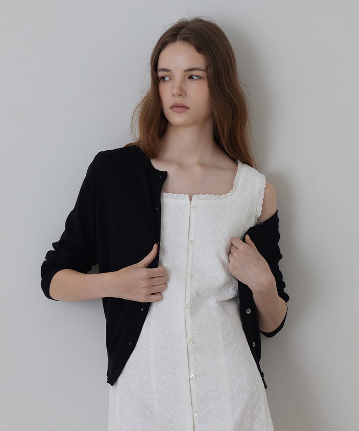 퀸스래빗(Q'SRB) Pure Cotton Lace-Trimmed Eyelet Midi Dress