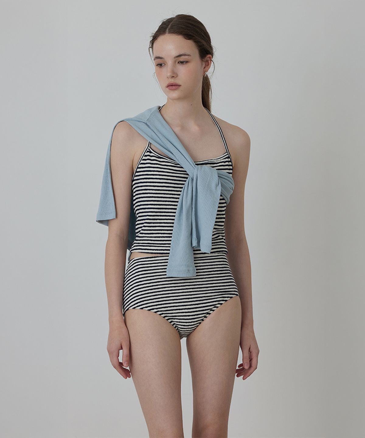 퀸스래빗(Q'SRB) Terry Back-Button Halter Tie-Neck Swimwear