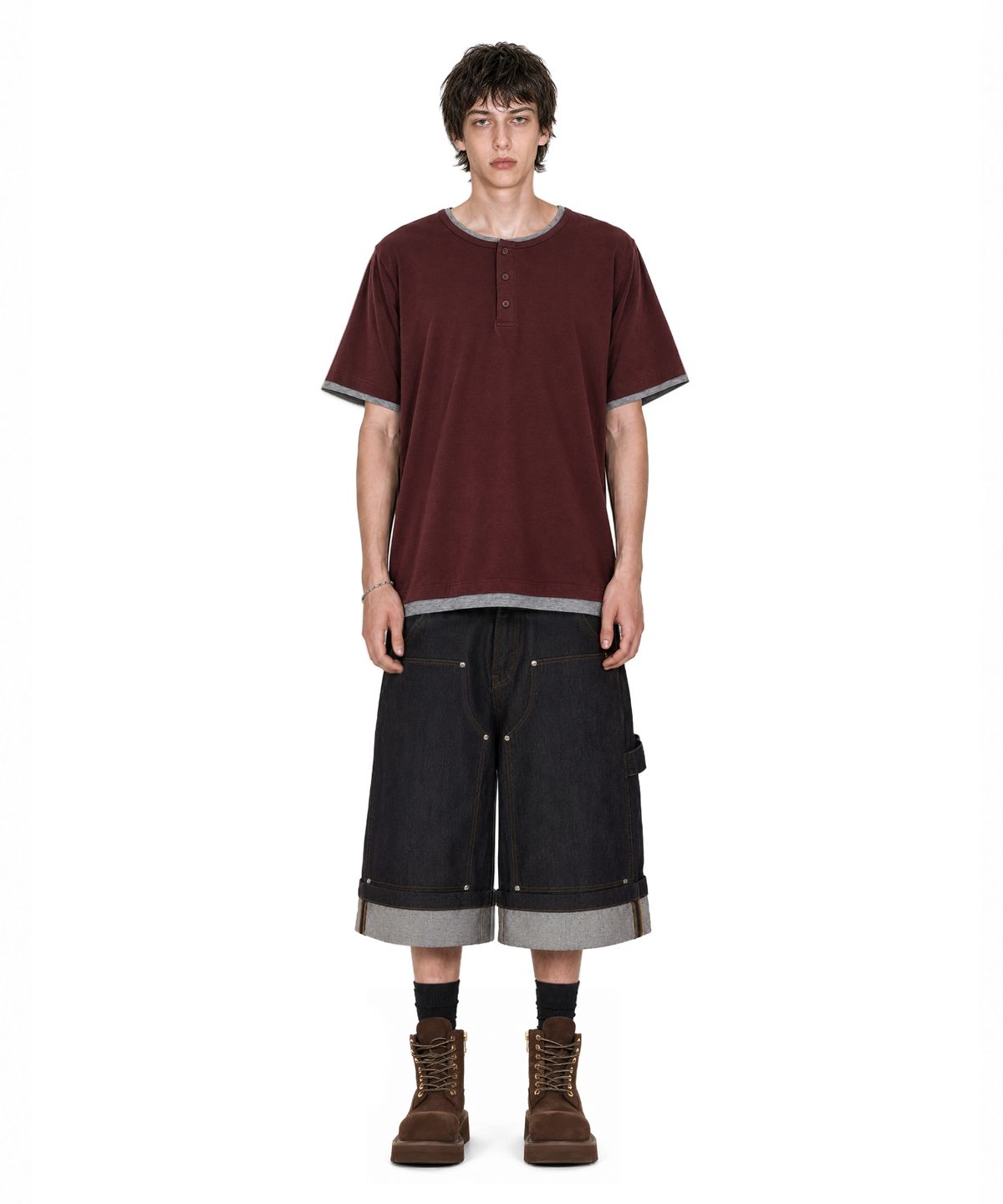아이돈워너셀(IDWS) Layered Henley Neck T-Shirt Burgundy
