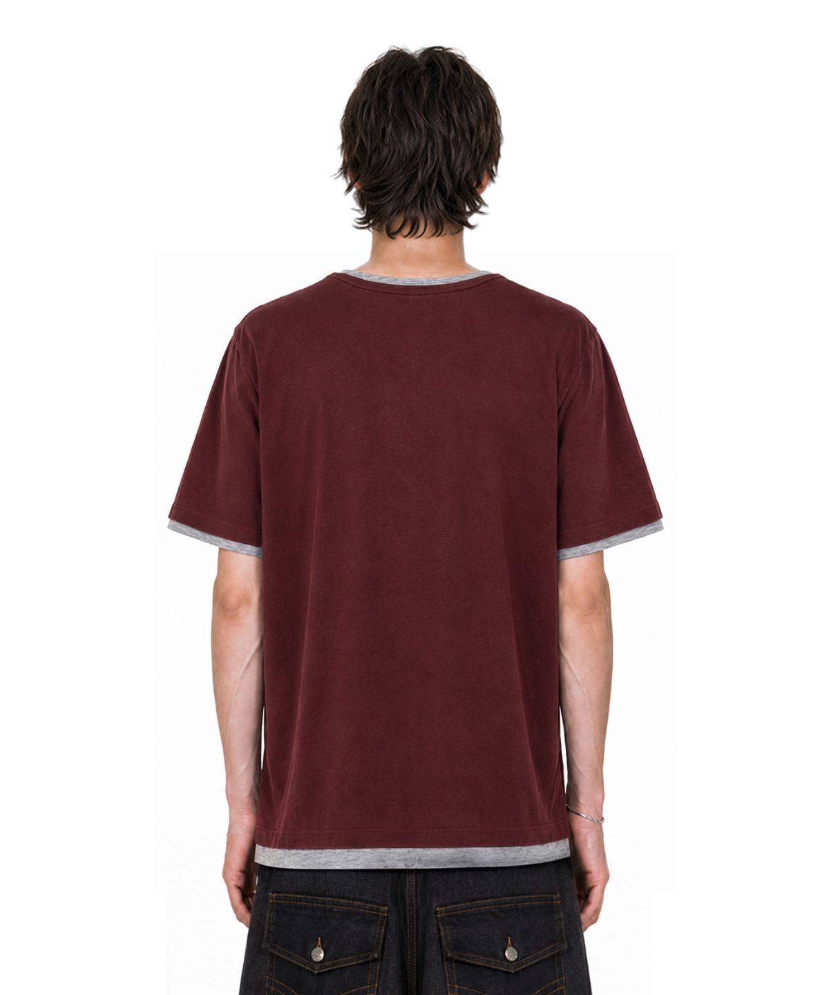 아이돈워너셀(IDWS) Layered Henley Neck T-Shirt Burgundy