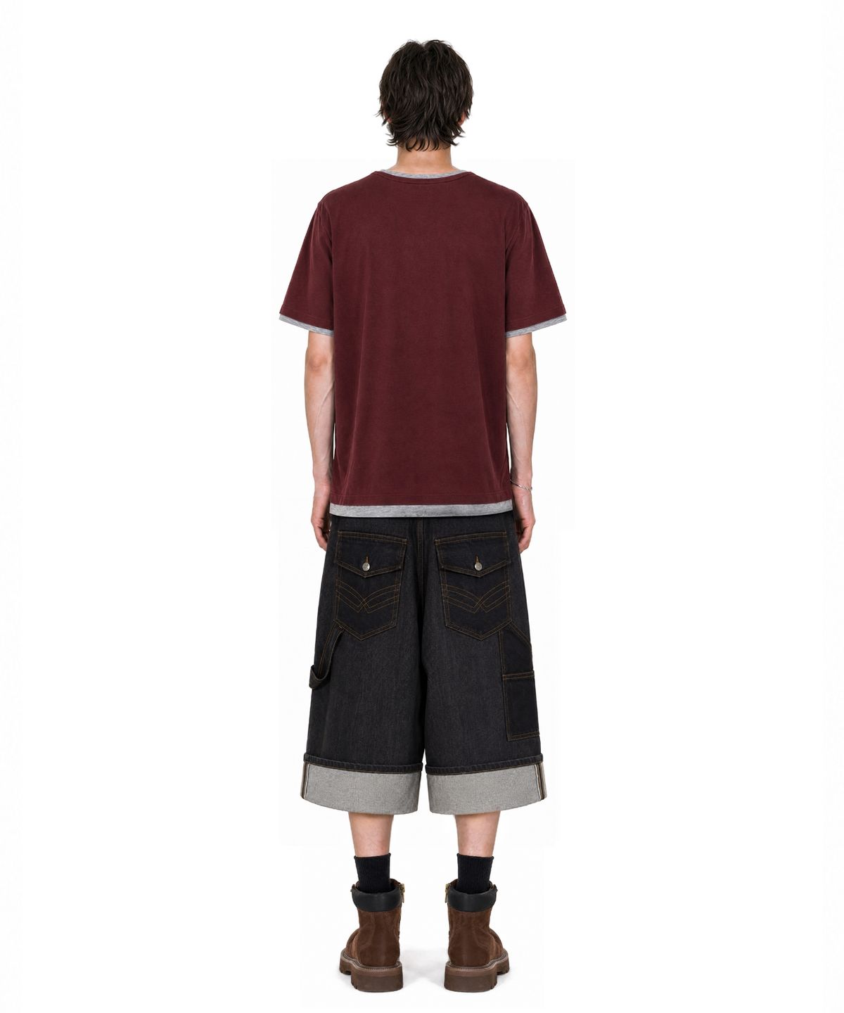 아이돈워너셀(IDWS) Layered Henley Neck T-Shirt Burgundy