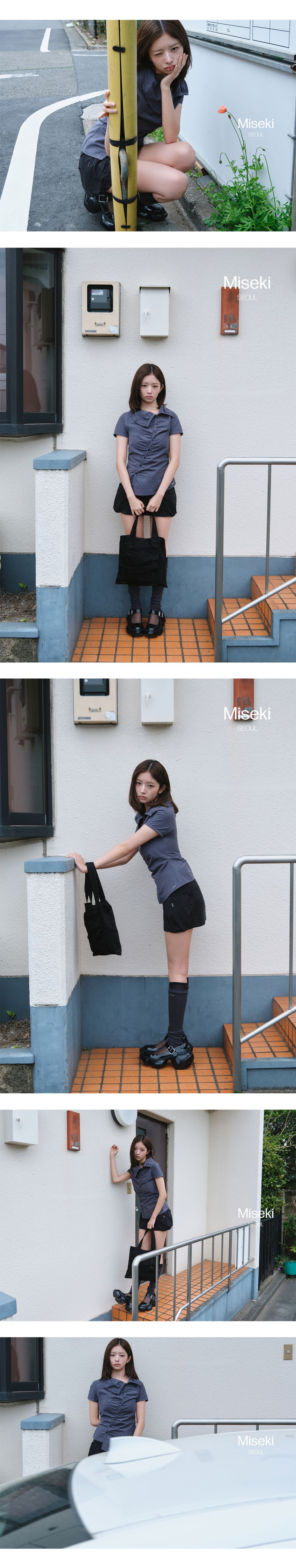 MUSINSA | MISEKI SEOUL High neck shirring button shirt CHARCOAL
