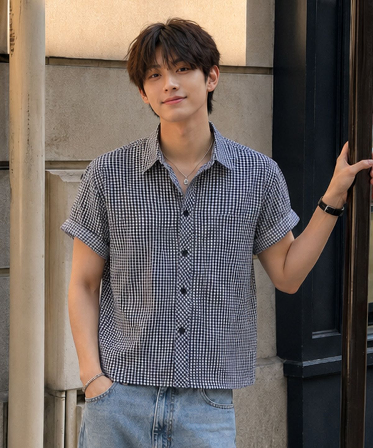 이코르(ECORR) [이코르 X 홍또기] 데일리 크롭 반팔 체크 셔츠 : 2COLOR