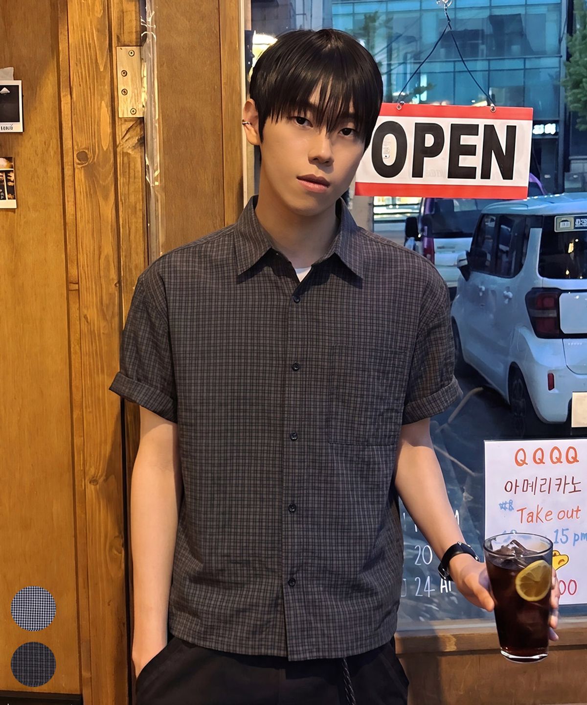 이코르(ECORR) [이코르 X 홍또기] 데일리 크롭 반팔 체크 셔츠 : 2COLOR