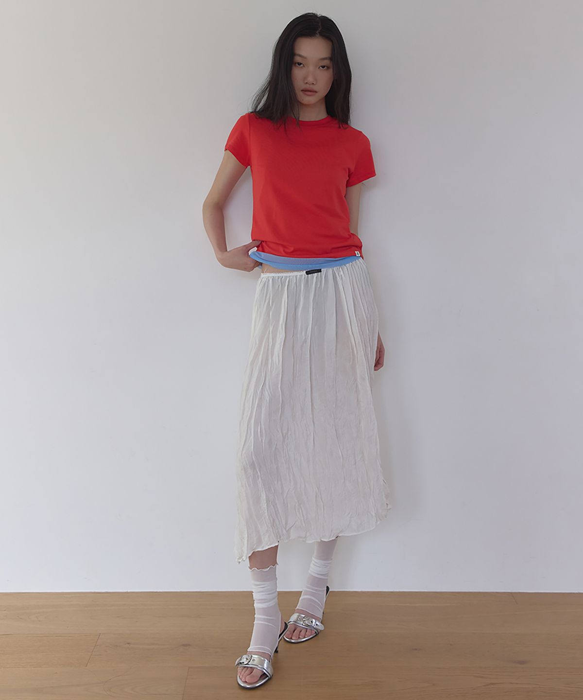 론크(LONQUE) VIVID SLIM SPAN HALF SLEEVE T-SHIRT (RED)